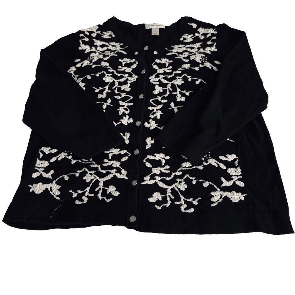 Christopher & Banks Women's XL Black White Embroidered Landscape Cardigan